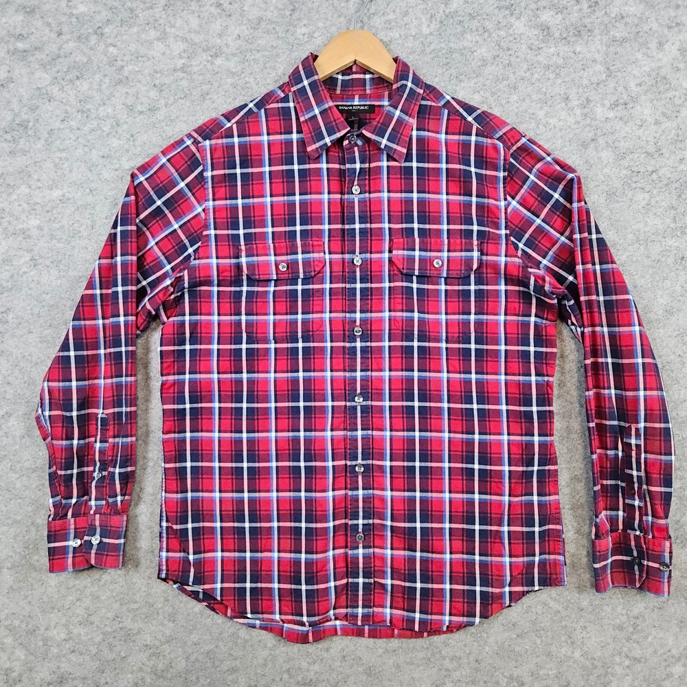 Banana Republic Men's Red White Blue Plaid Shirt Size Lโ Button Up 100% Cotton